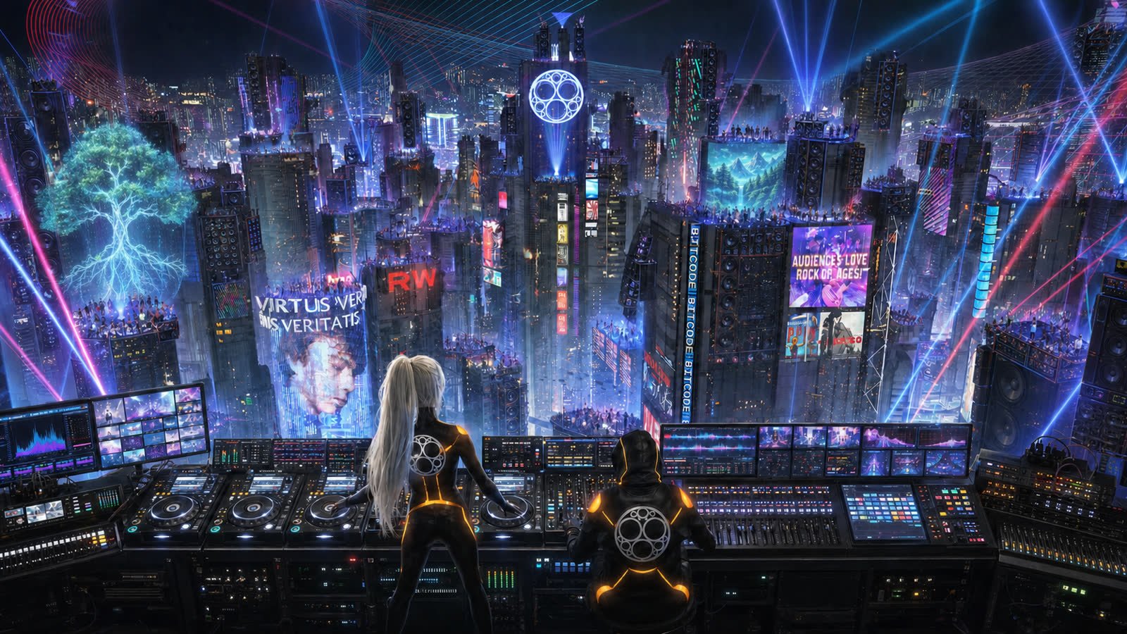 Festival control deck over a lit landscape